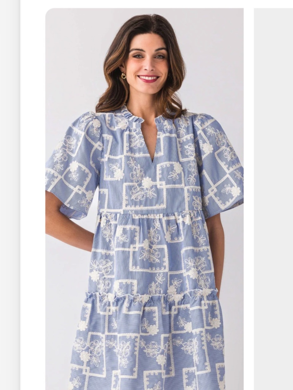 Social Threads Voy Blue and White Tiered Short Dress with floral embroidery